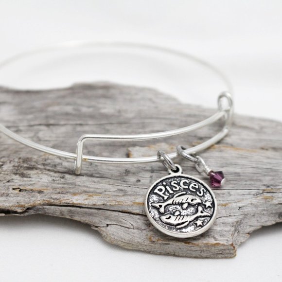 February Pisces Adjustable Charm Bangle - Handmade Zodiac Bracelet - Picture 4 of 11